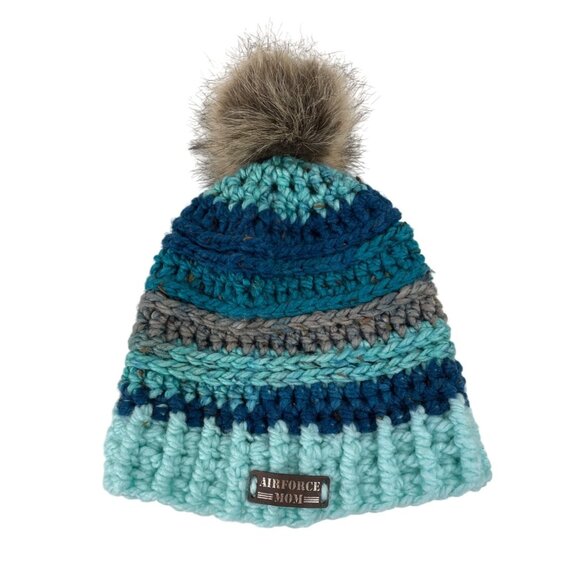 Accessories - Air Force Mom Pom Beanie Adult Blue Gray Crochet Chunky Knit Warm Winter Cap